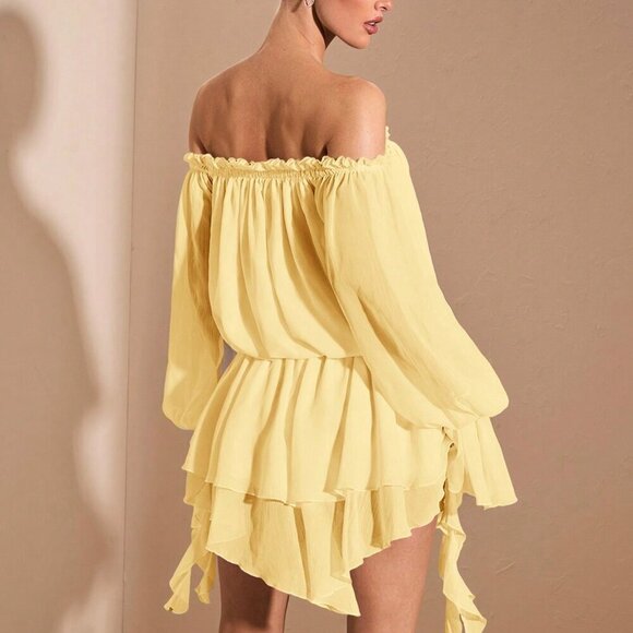 Yellow Boho Women's Elegant French Style Off Shoulder Long Sleeve Shirt Dress - Picture 2 of 9